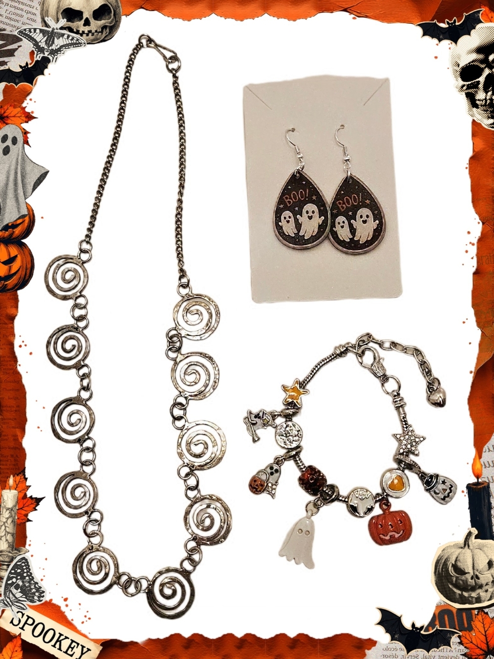 Halloween Jewelry Set In Silver Tone- Charm Bracelet